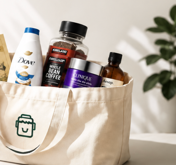 Tote bag filled with British groceries